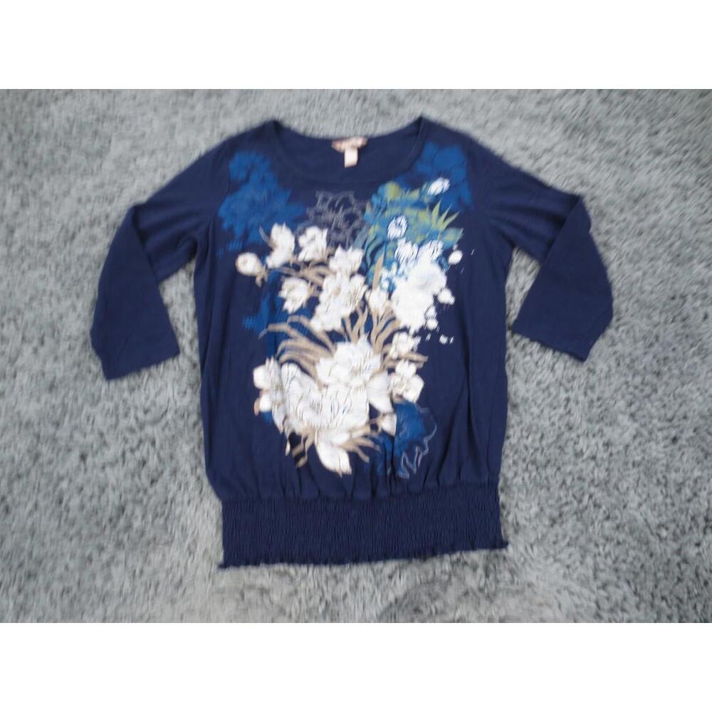 White Stag Top Women Medium Blue Floral Rhinestone Elastic Waist 3/4 Sleeve Knit